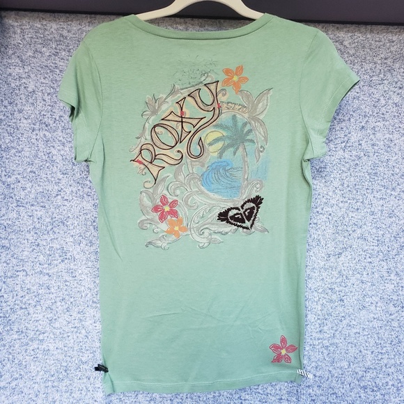 Roxy Green V Neck Tee Shirt Embroidered Large - Picture 4 of 6